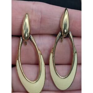 Crown Trifari Earrings Cream Enamel Drop Dangle Oval Loop UV Activated Vintage
